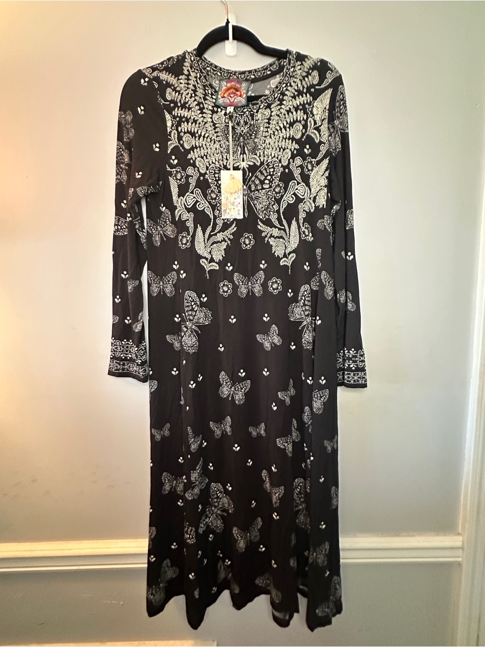Johnny Was Black Maxi Dress with White Butterfly & Floral Print Travel Knit